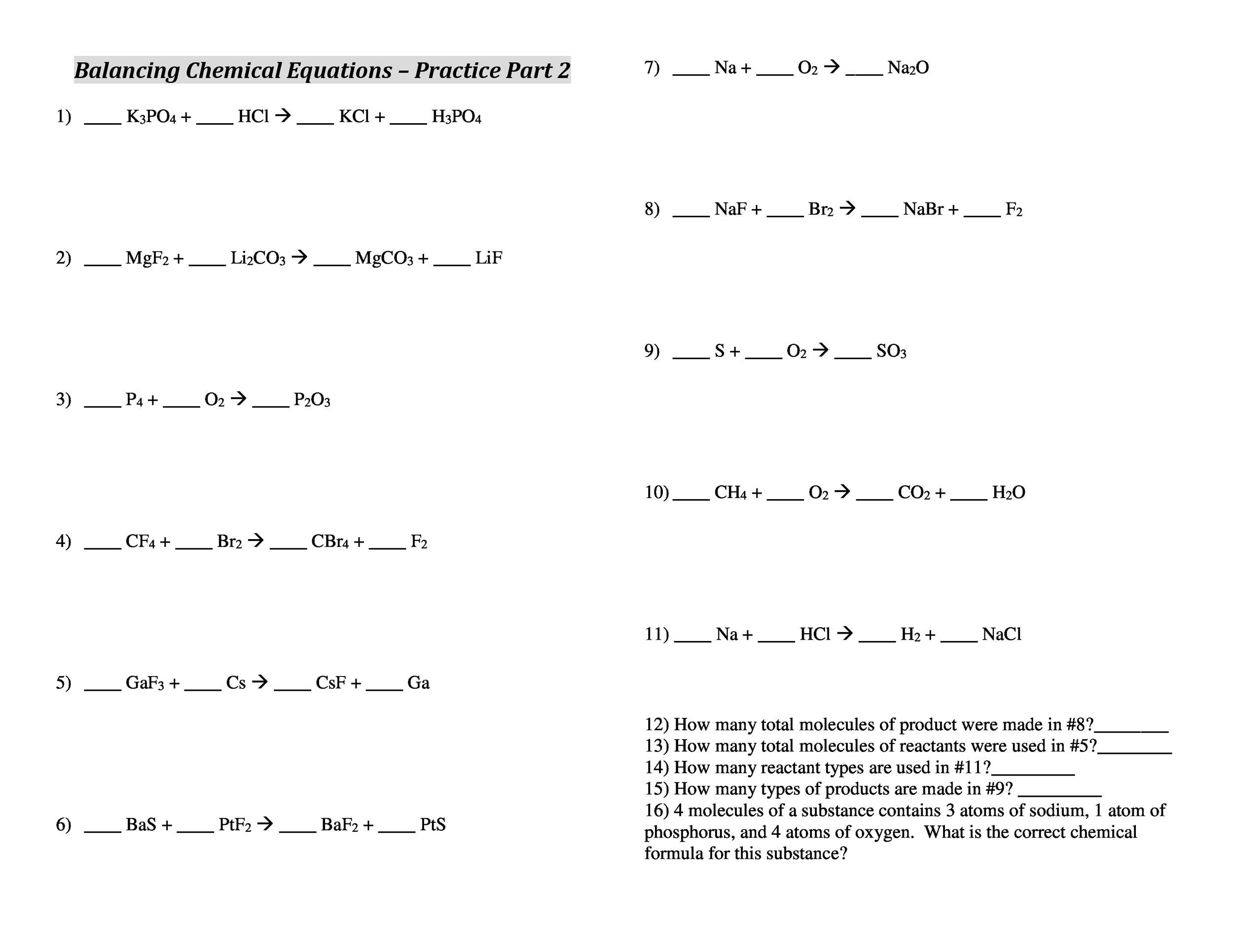 Printable Balancing Equations Worksheet Printable Balancing Equations Worksheet