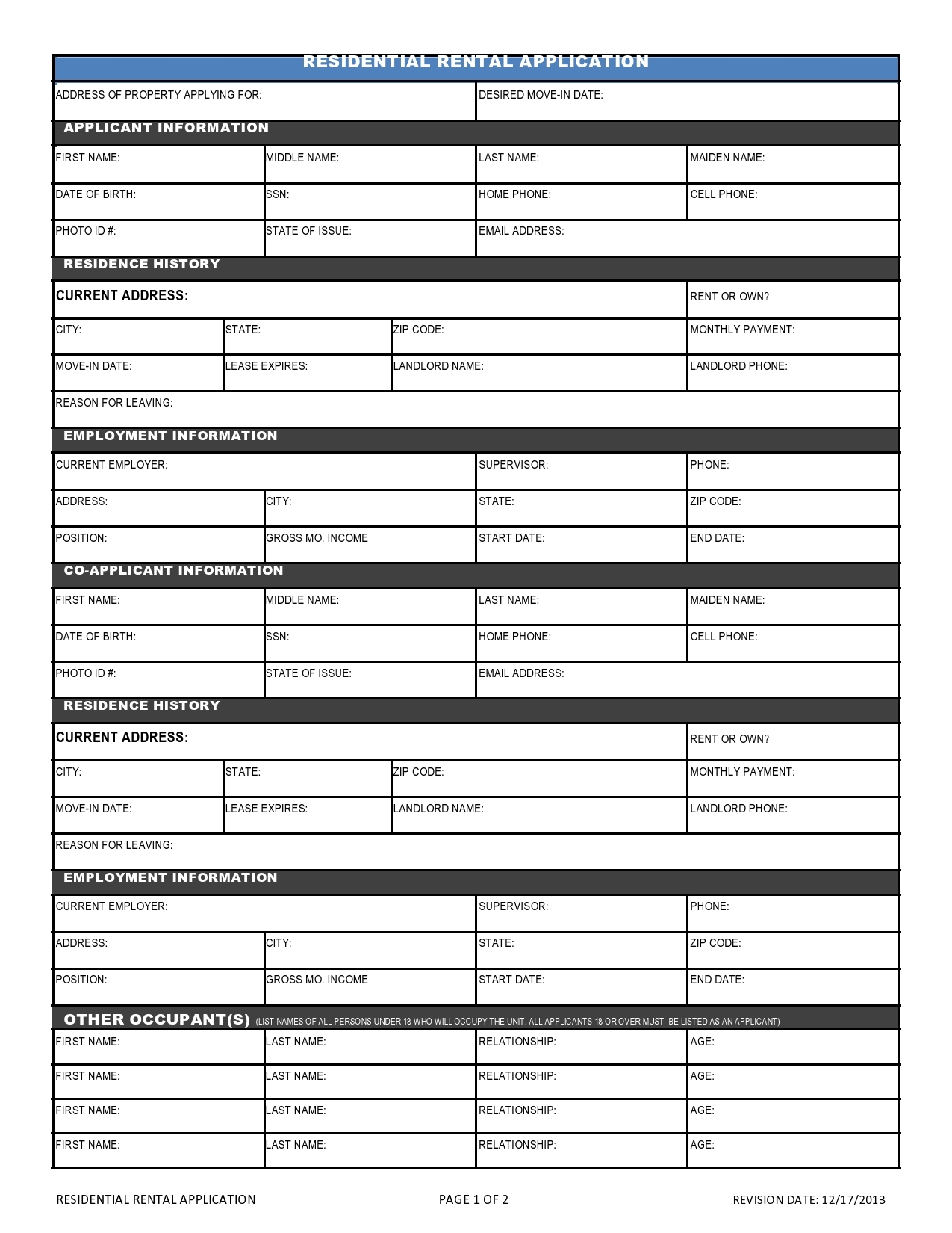 Free Printable Rental Application Form Word