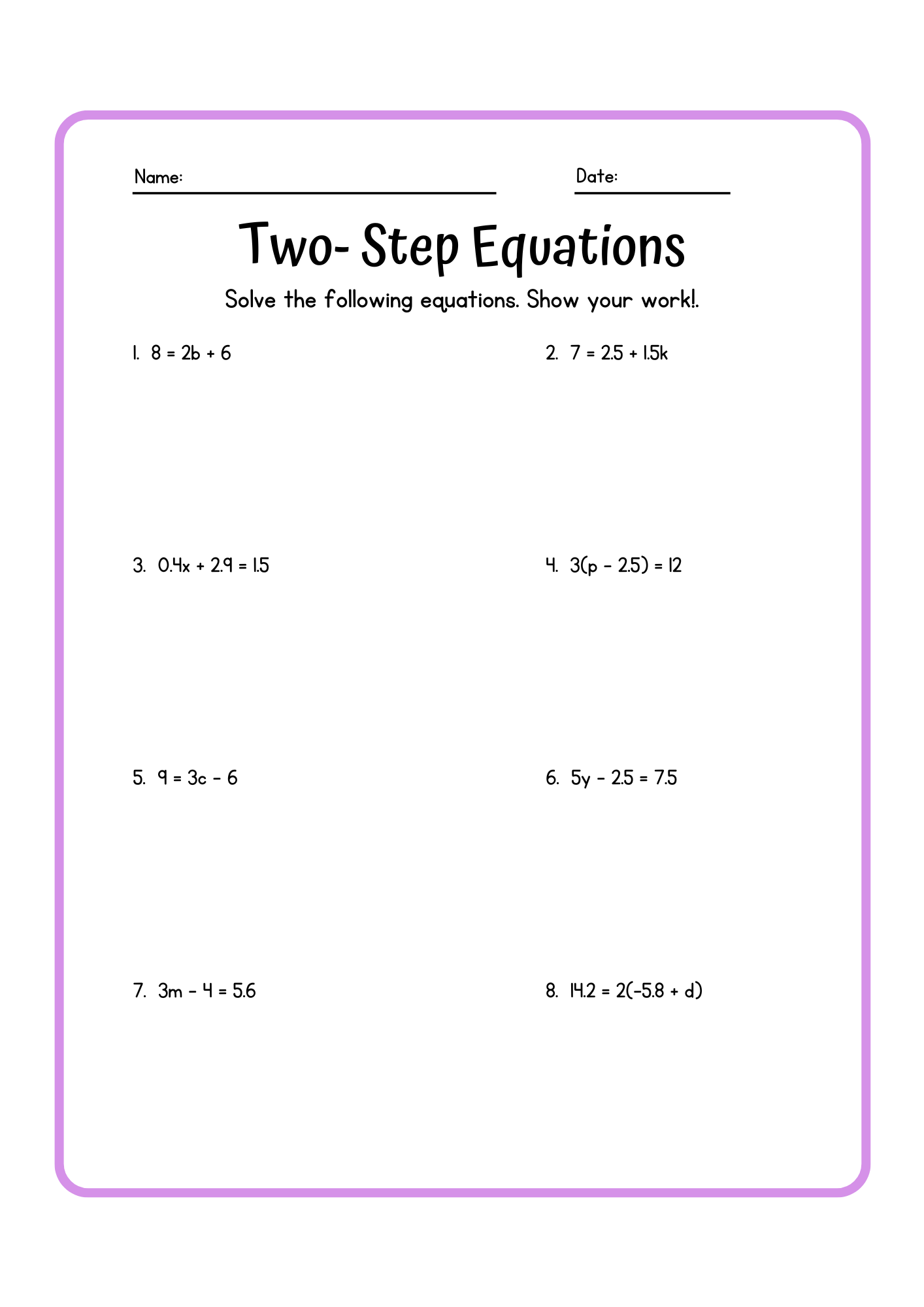 Two Step Equations Printable Worksheet Free