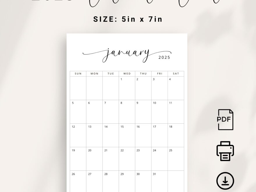 5x7 Inch 2025 Calendar Small Planner 2025 PRINTABLE Desk Calendar Elegant Instant Download 2025 Monthly Planner 5x7 Work Home Planner PDF Etsy