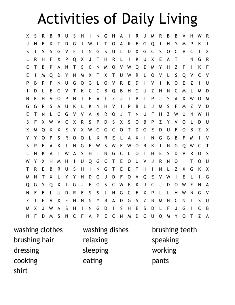 Activities Of Daily Living Word Search WordMint
