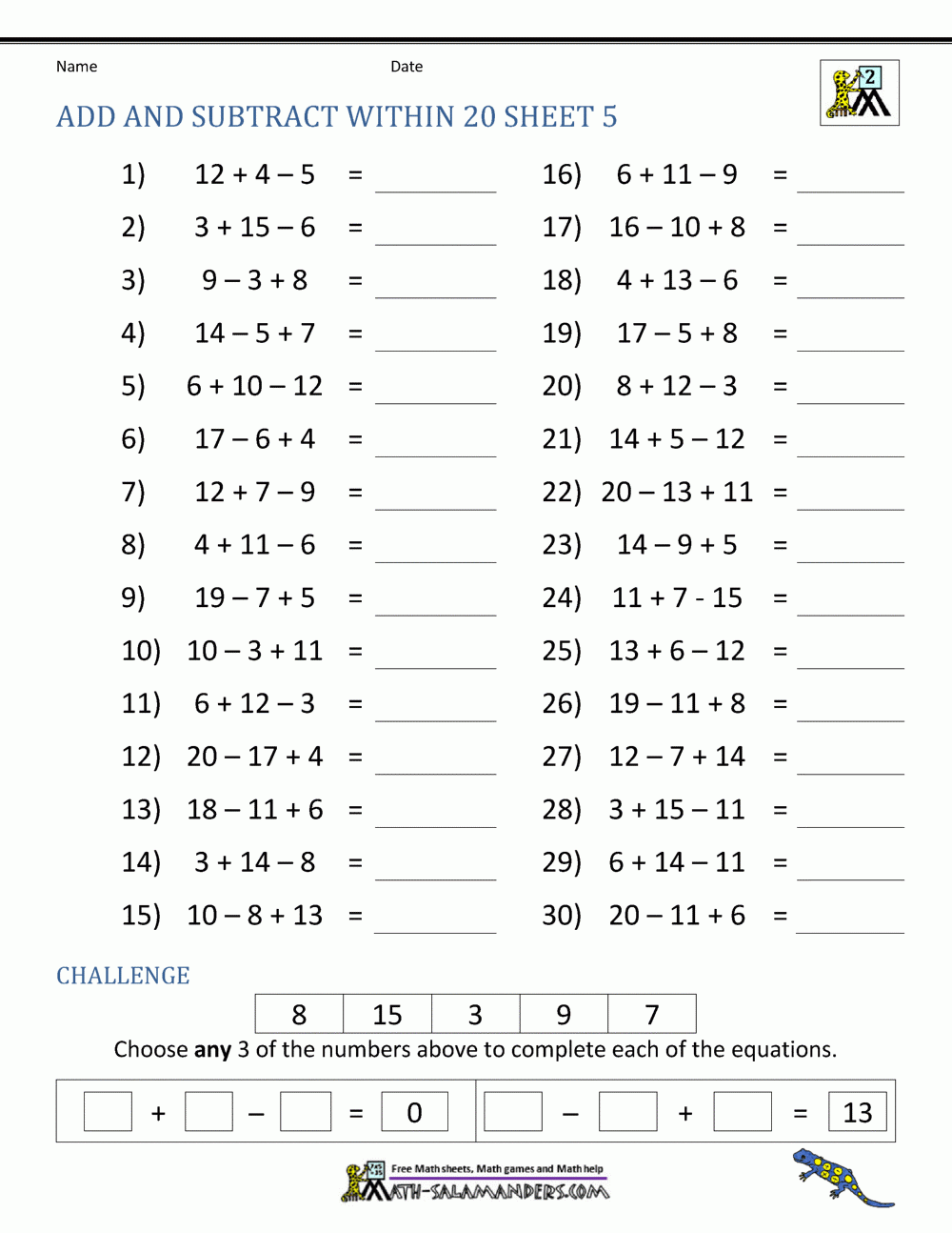Add And Subtract Within 20