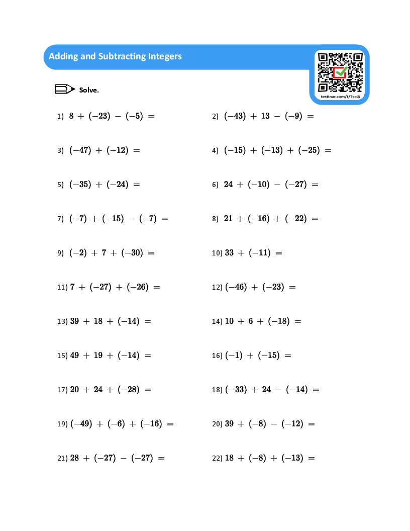 7th Grade Math Integers Printable Worksheets