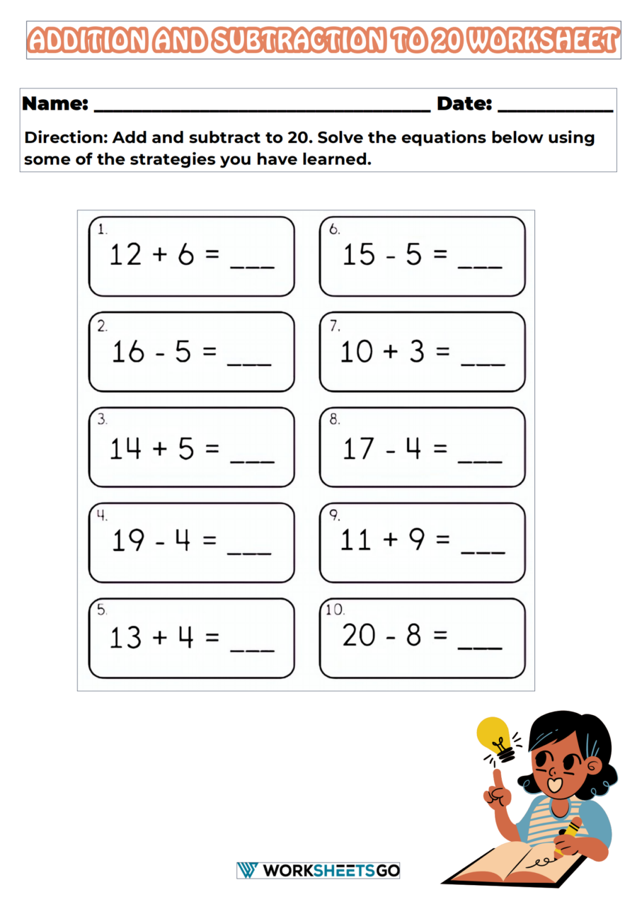 Addition And Subtraction To 20 Worksheets WorksheetsGO