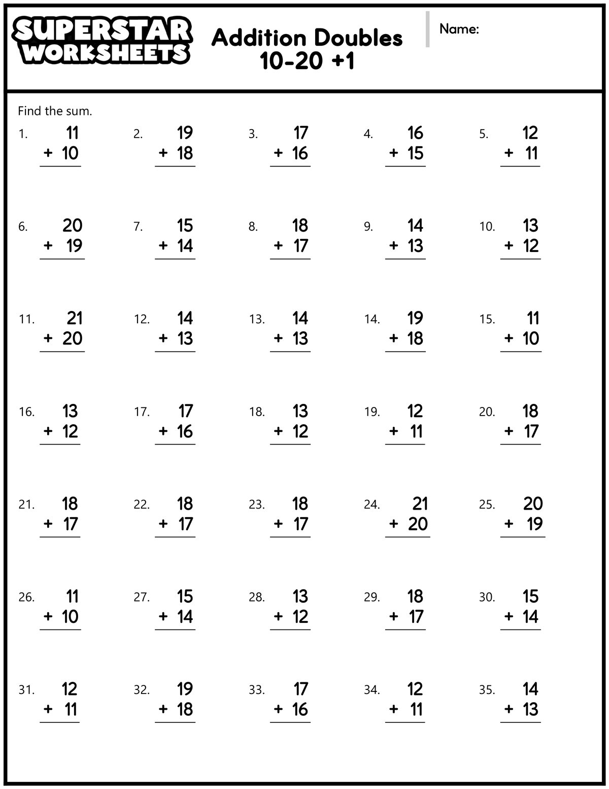 Addition Doubles Worksheets Superstar Worksheets