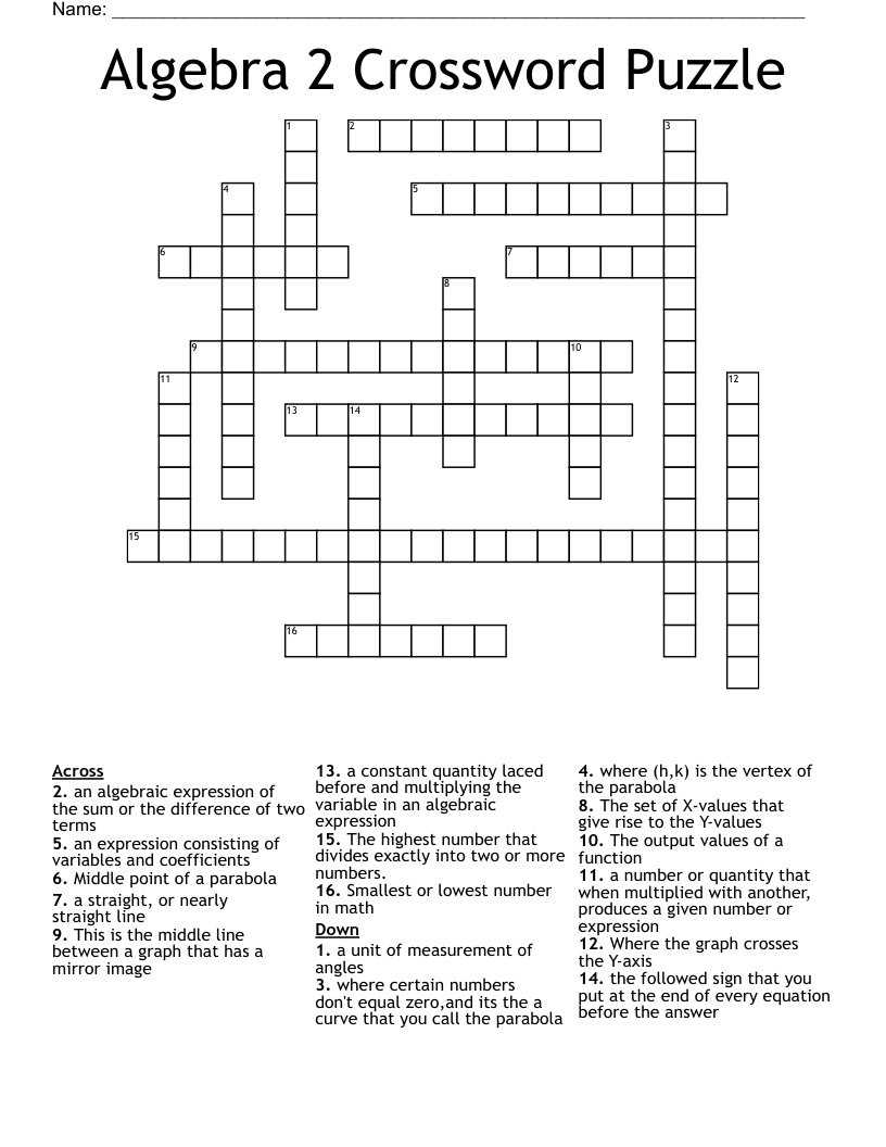 Algebra 2 Crossword Puzzle WordMint
