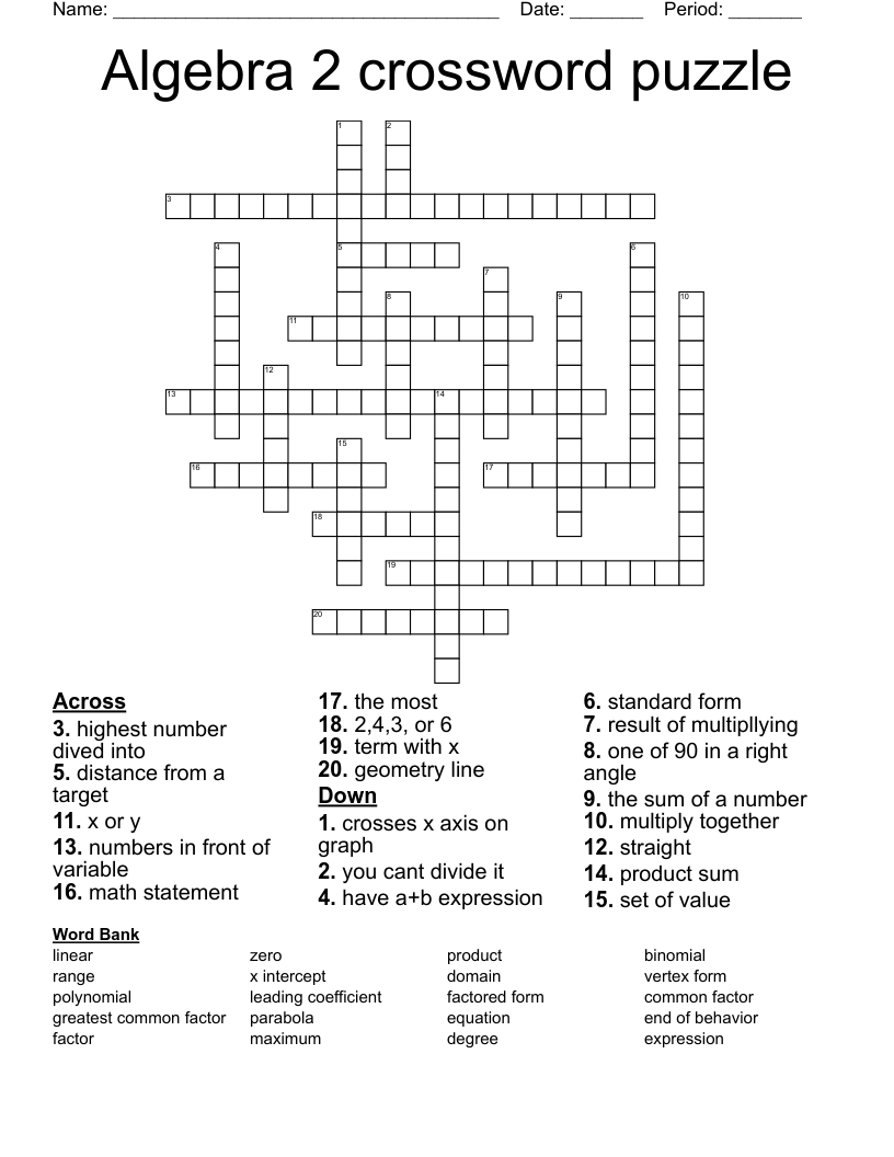Algebra 2 Crossword Puzzle WordMint