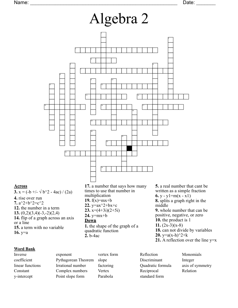 Algebra 2 Crossword WordMint