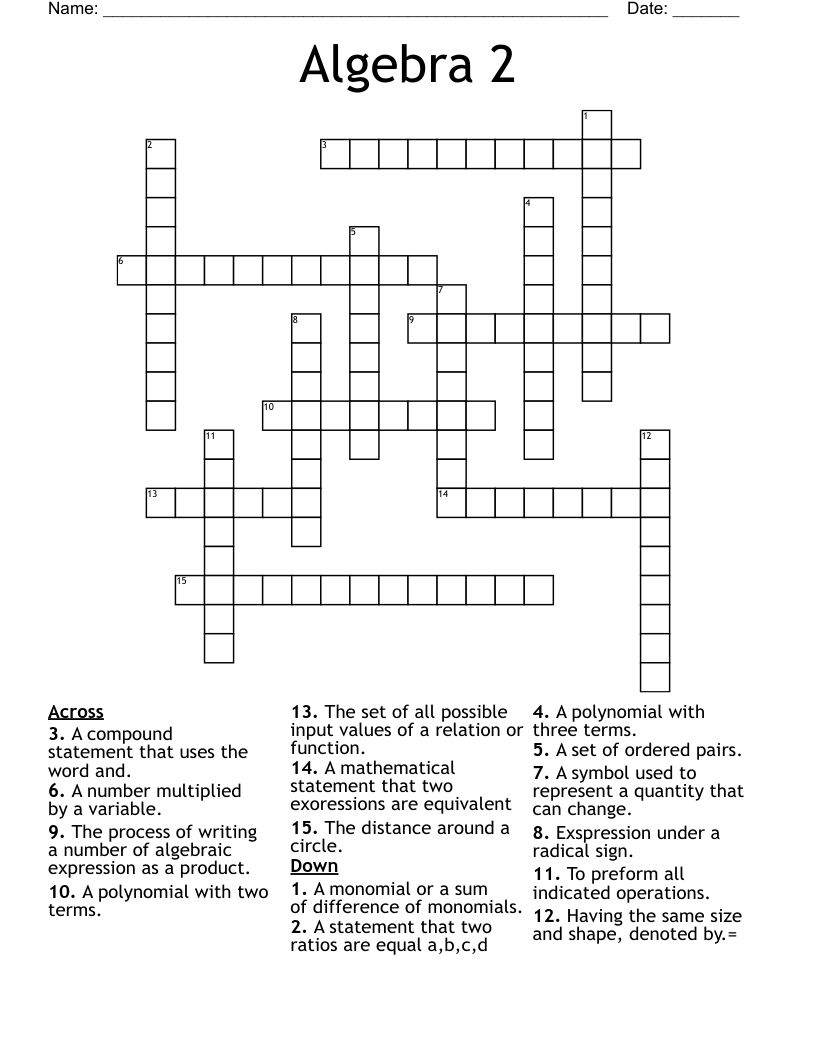 Algebra 2 Crossword Printable