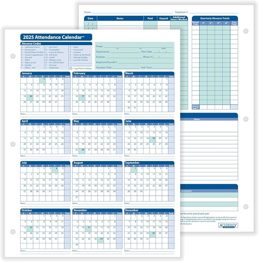Amazon ComplyRight 2025 Attendance Calendar Kit White Pack Of 100 Office Products