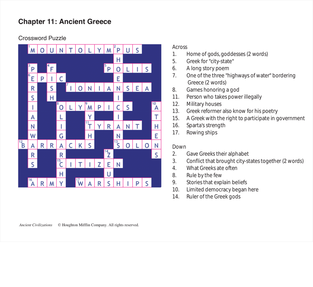 Ancient Greece Crossword Puzzle Printable