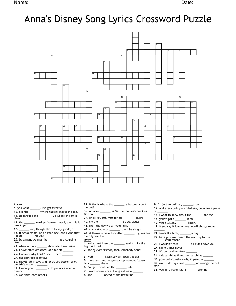 Anna s Disney Song Lyrics Crossword Puzzle WordMint