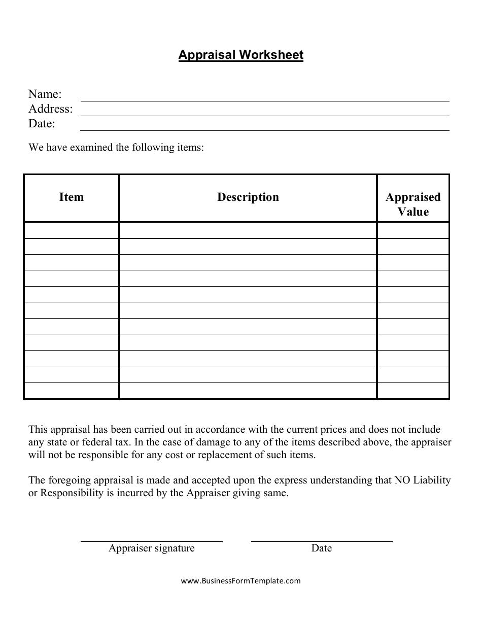 Appraisal Worksheet Template Fill Out Sign Online And Download PDF Templateroller