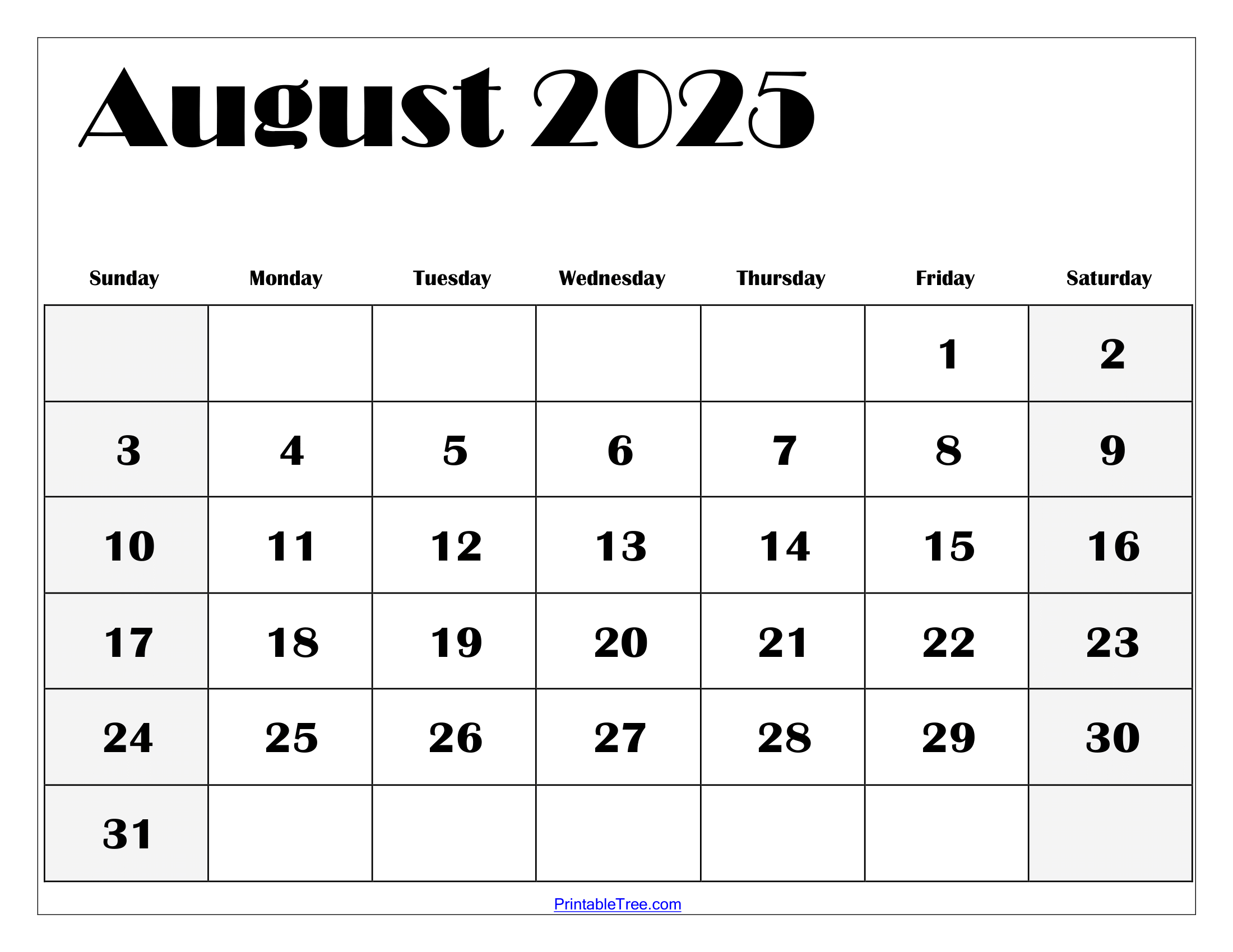 Printable Calendar August 2025