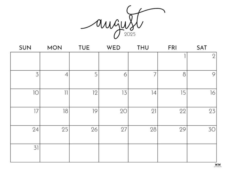 August 2025 Calendars 107 FREE Printables Printabulls