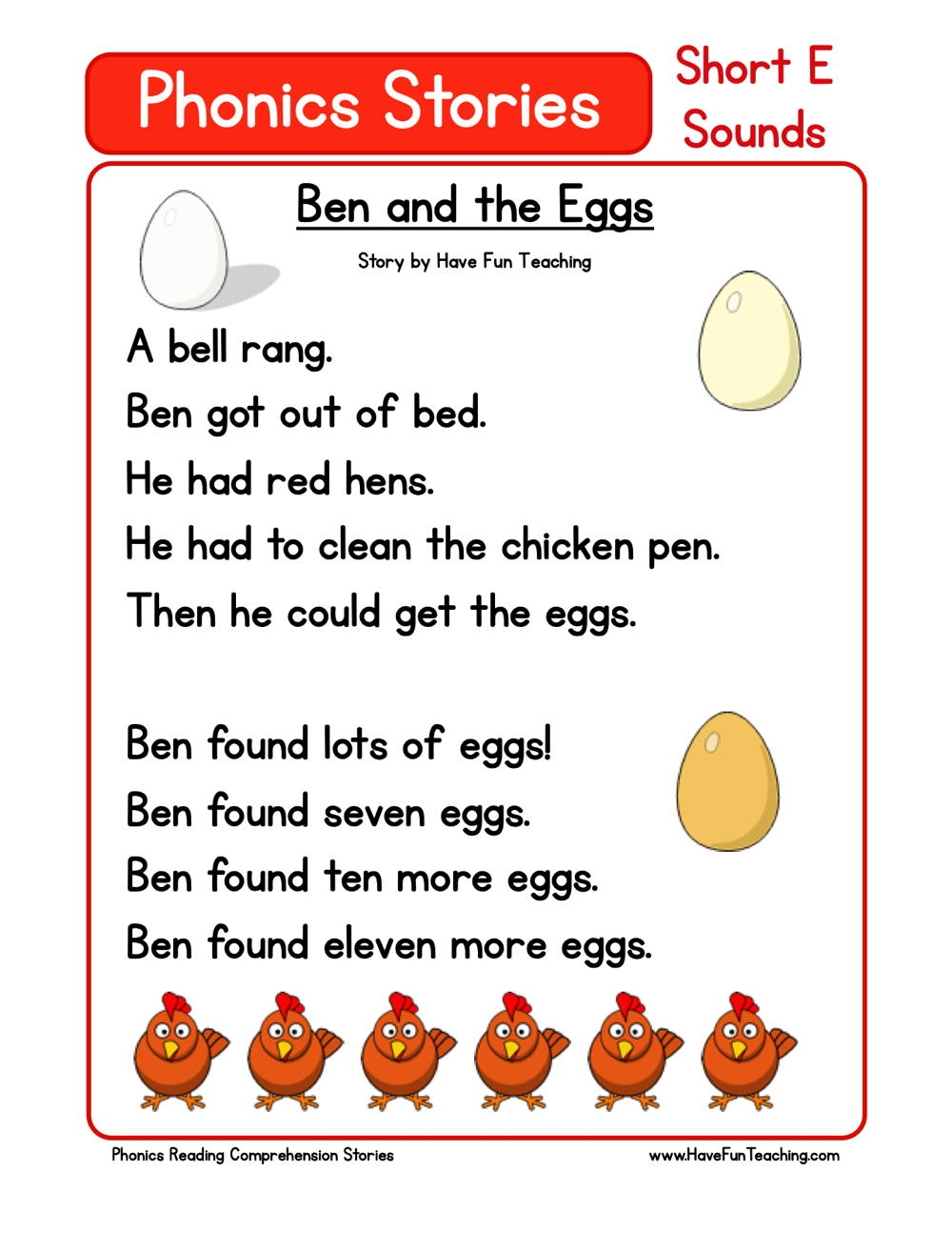 Ben And The Eggs Phonics Reading Comprehension Story Worksheet Short Vowel E Sound Have Fun Teaching