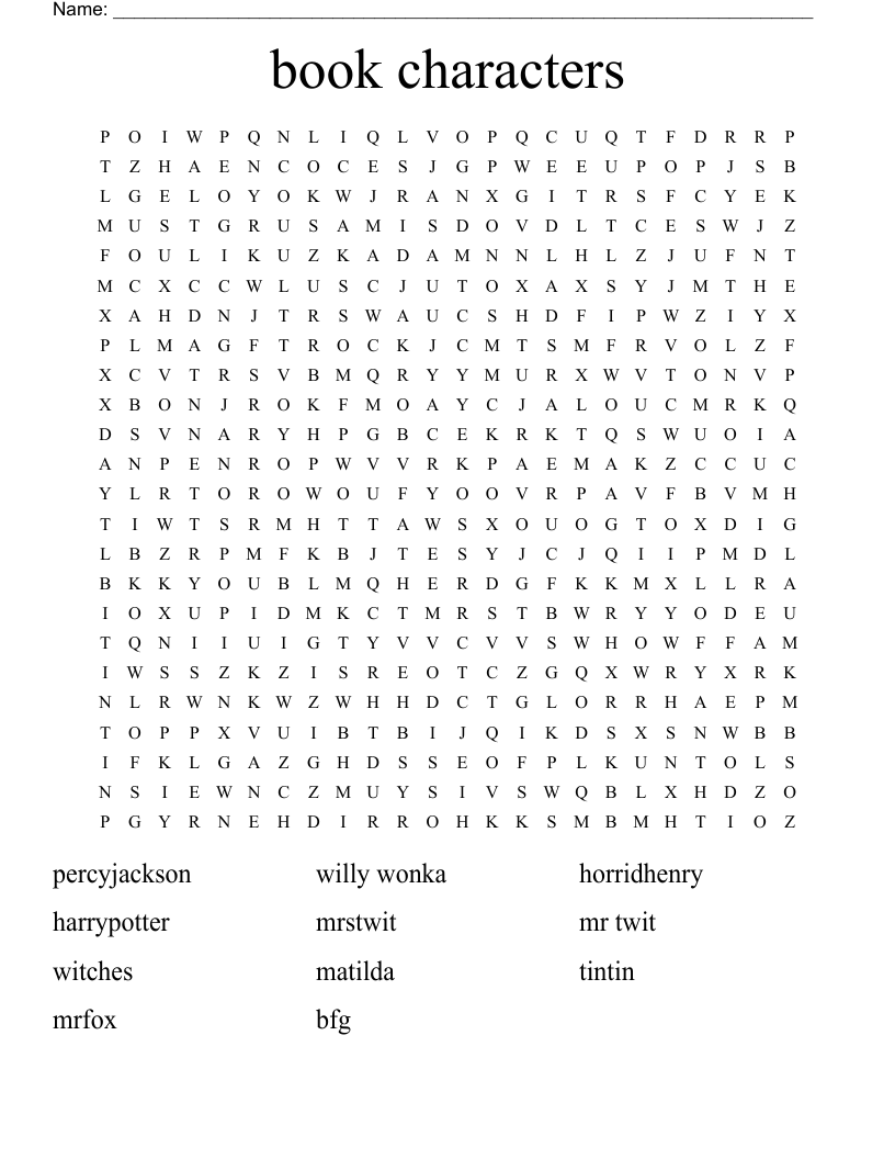 Book Characters Word Search WordMint