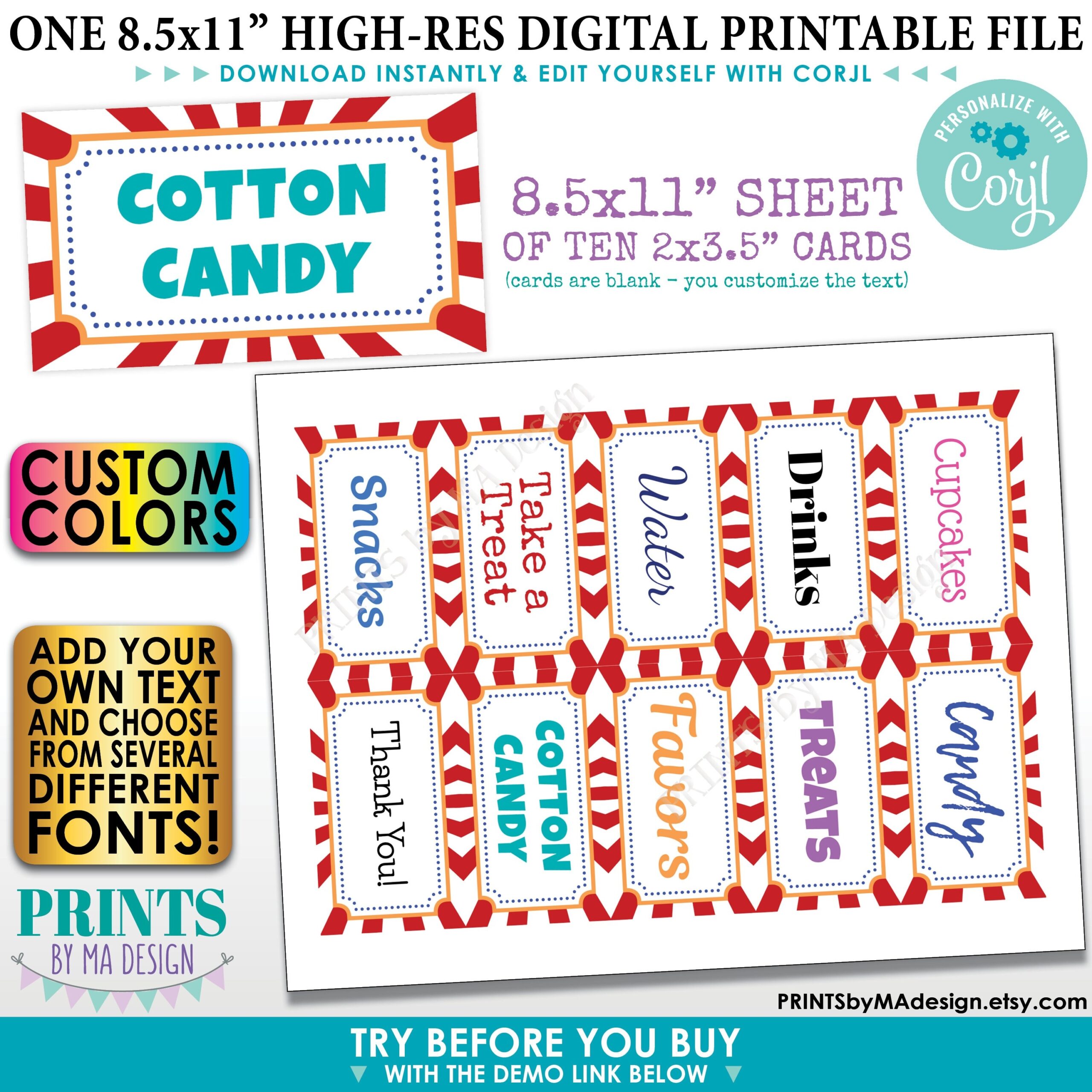 Carnival Place Cards Buffet Food Labels Circus Birthday Party Custom Colors 1 PRINTABLE 8 5x11 Sheet Of 2x3 5