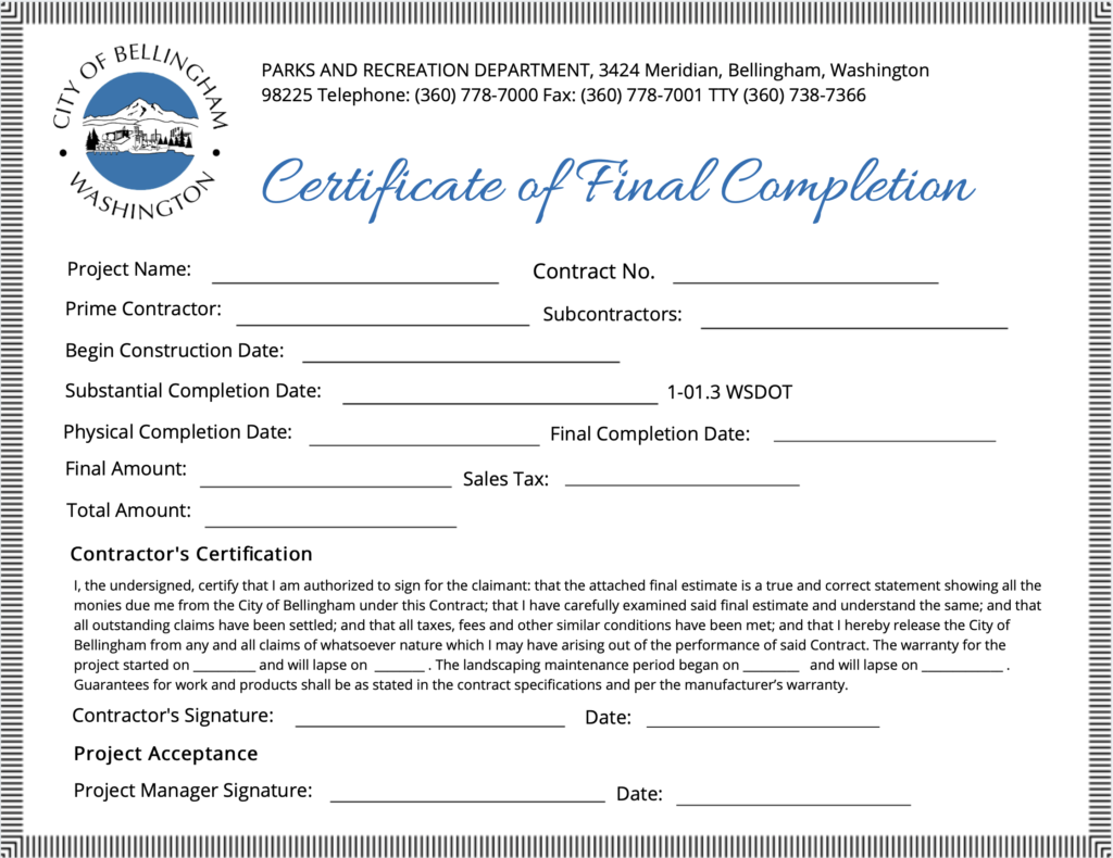 Printable Certificate Of Completion Form