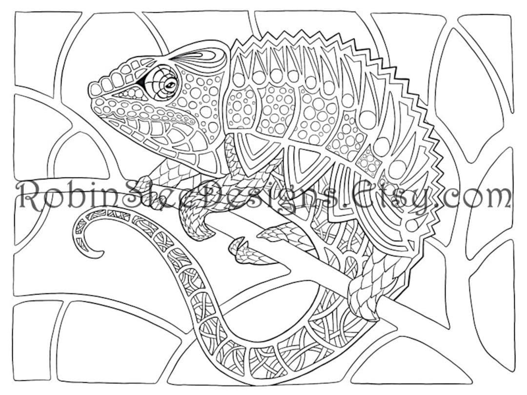 Chameleon Art Therapy Coloring Page Printable Animal Illustration For Relaxation And Adult Coloring Etsy