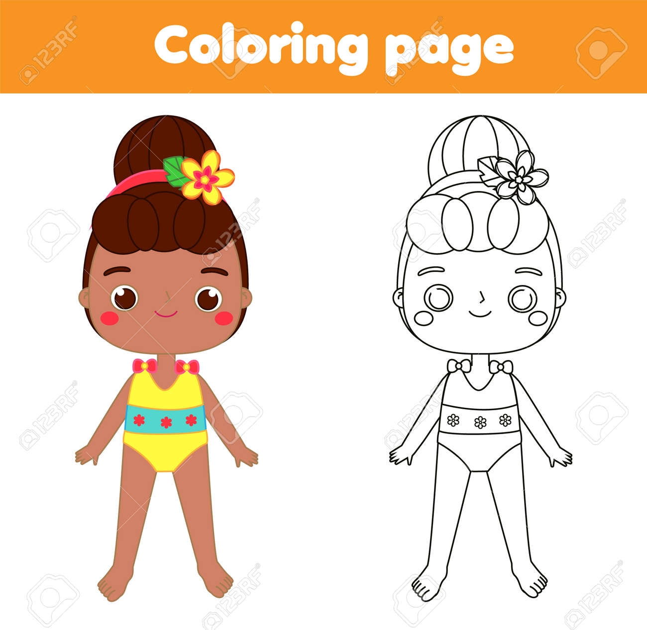 Coloring Page With African American Girl In Swimsuit Drawing Kids Activity Printable Fun For Toddlers And Children Summer Holidays Theme Royalty Free SVG Cliparts Vectors And Stock Illustration Image 185889118 