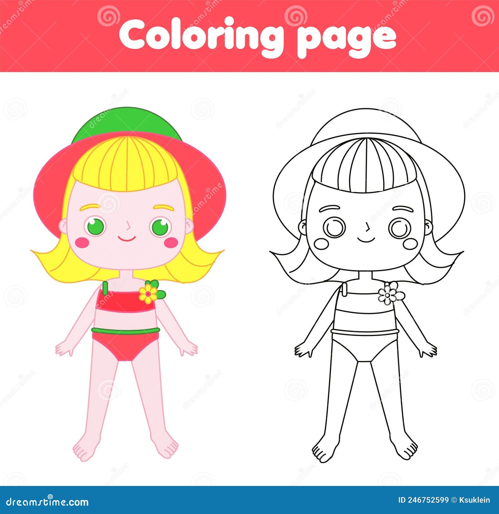 Coloring Page With Cartoon Girl In Swimsuit Drawing Kids Activity Stock Illustration Illustration Of Holidays Homework 246752599