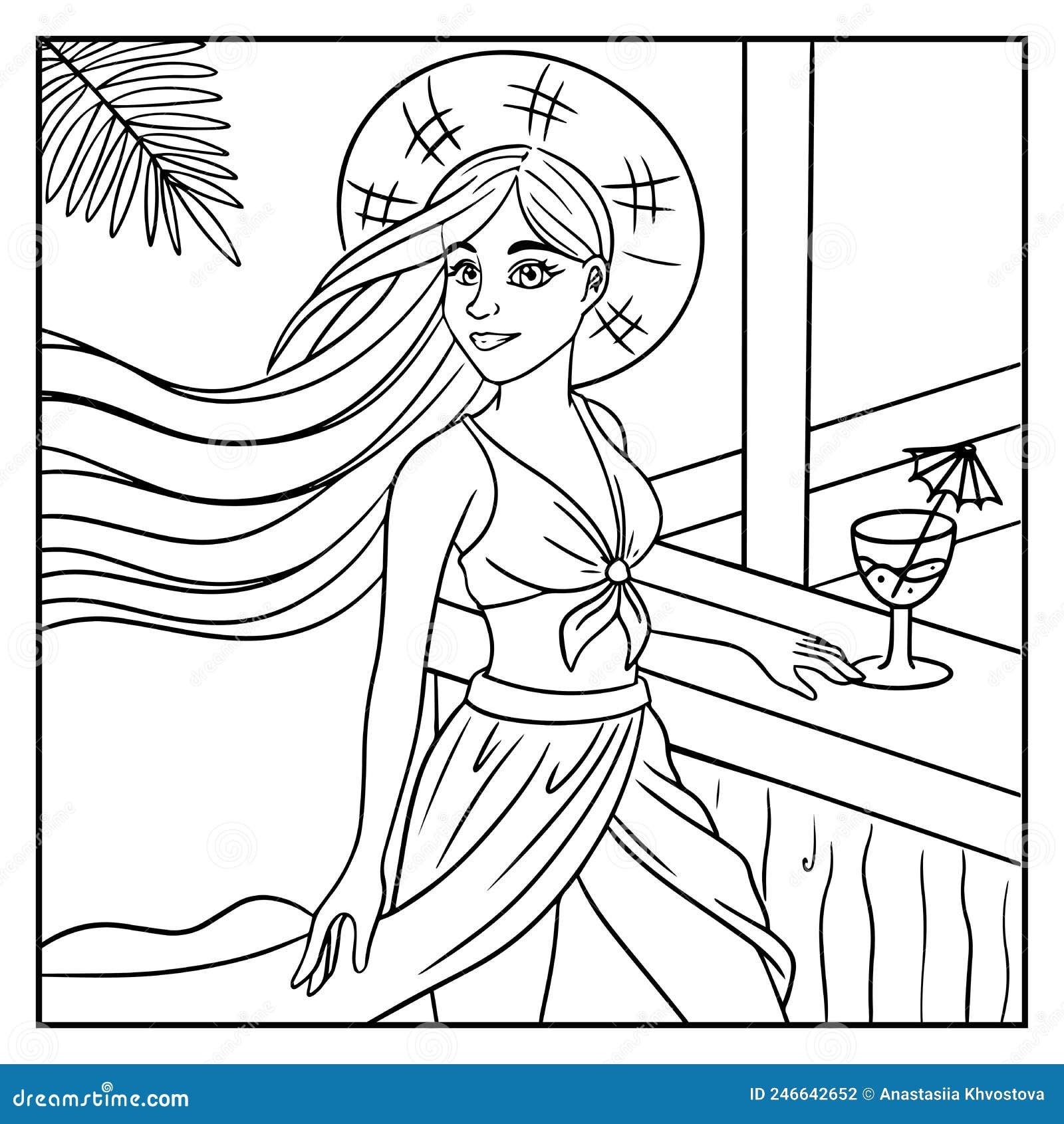 Coloring Page With Girl On Beach Pretty Younglong Haired Woman In Swimsuit And Straw Hat On Head Stock Vector Illustration Of Female Lady 246642652