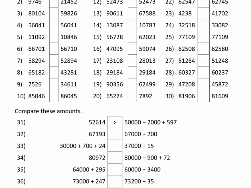Comparing And Ordering Whole Numbers Worksheets