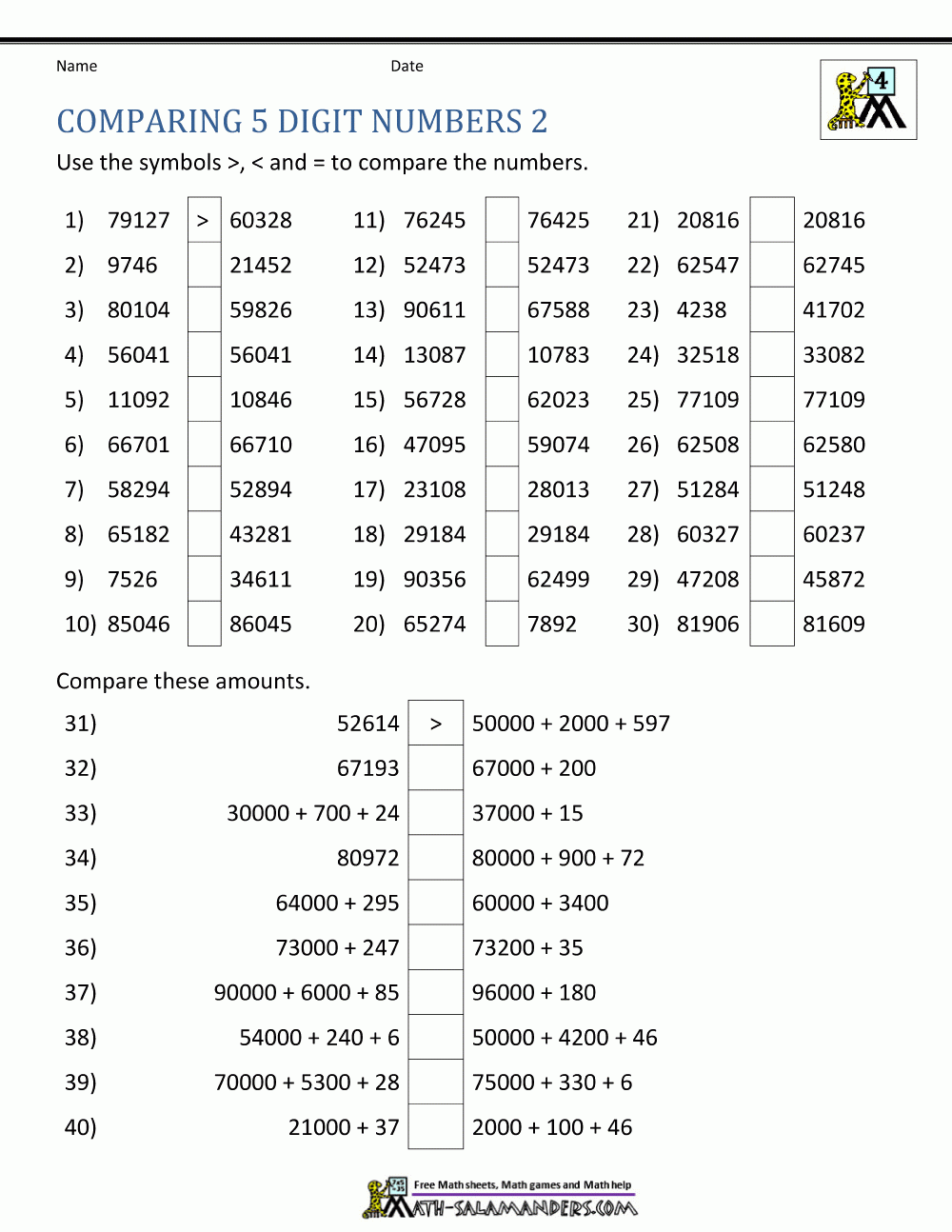 Comparing And Ordering Whole Numbers Worksheets