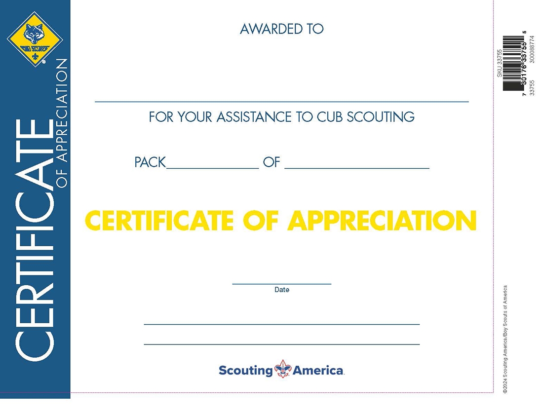 Cub Scout Certificate Of Appreciation Scouting America Cub Scout Certificate Of Appreciation Scouting America