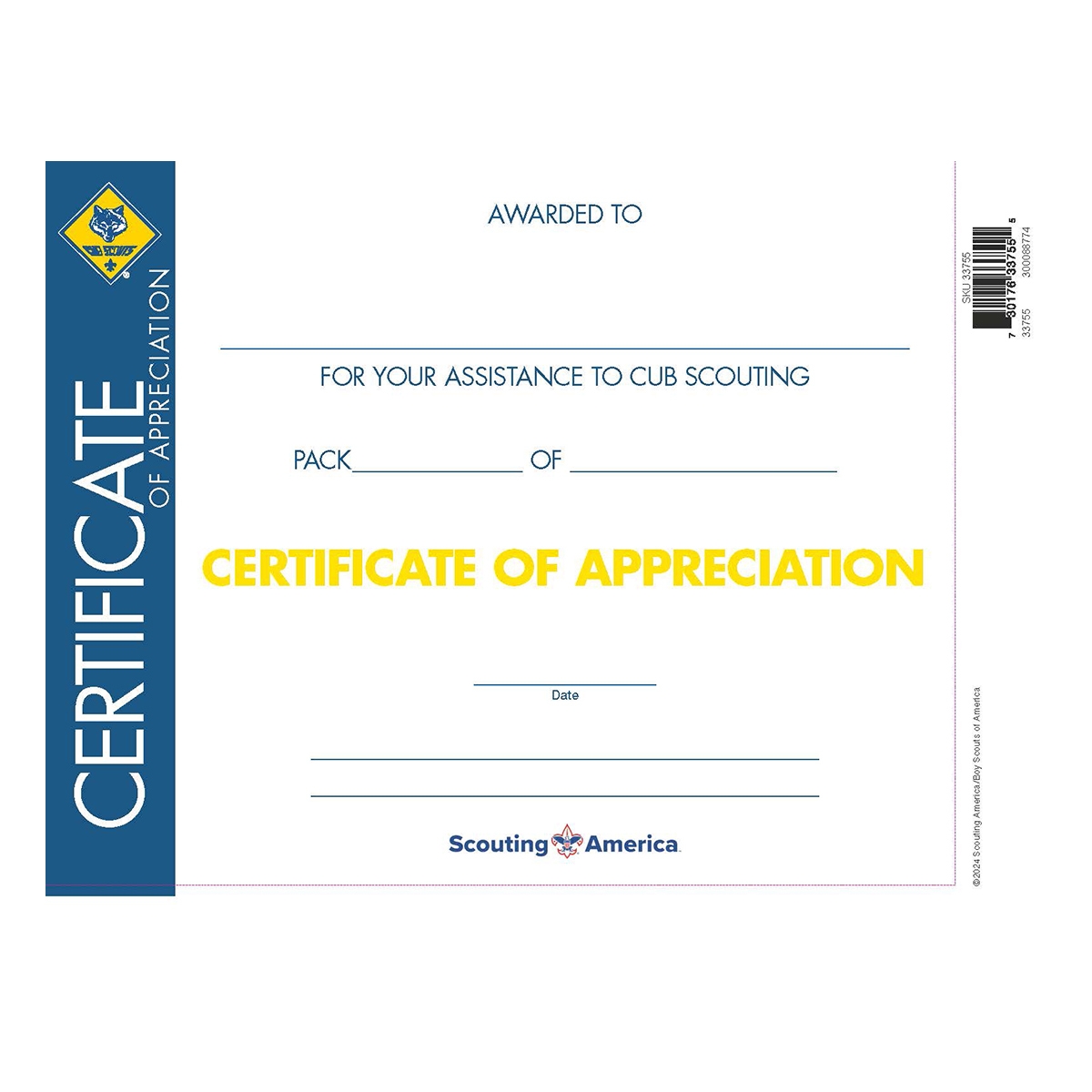 Cub Scout Certificate Of Appreciation Scouting America Cub Scout Certificate Of Appreciation Scouting America