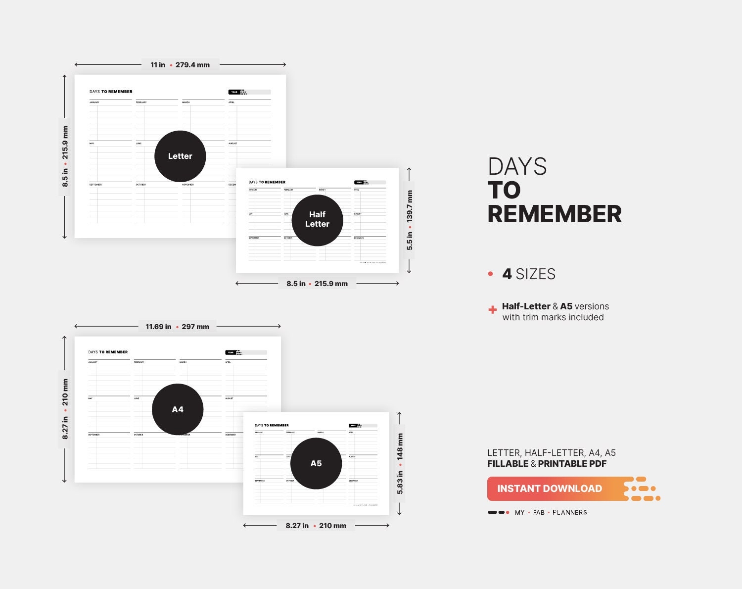 Days To Remember Board Important Dates Fillable Yearly Planner Birthday Date Calendar Reminder Printable Letter HL A4 A5 PDF Template Etsy