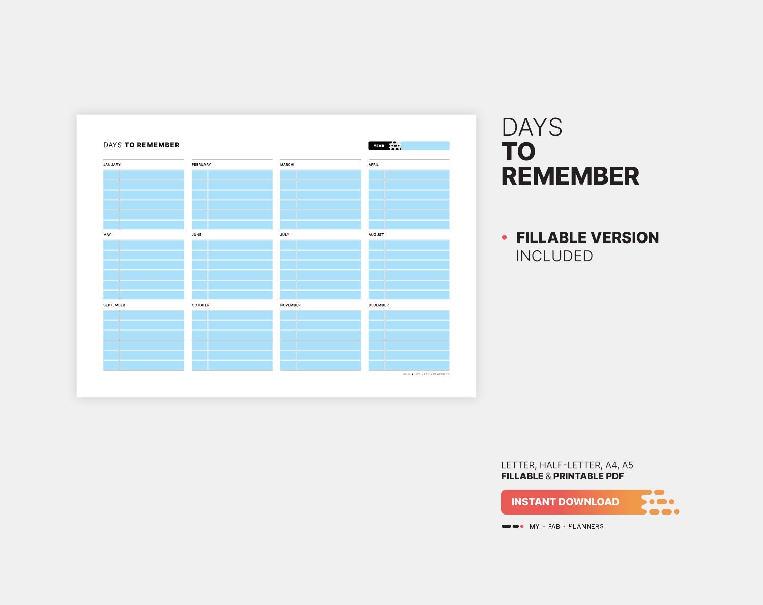 Days To Remember Board Important Dates Fillable Yearly Planner Birthday Date Calendar Reminder Printable Letter HL A4 A5 PDF Template Etsy