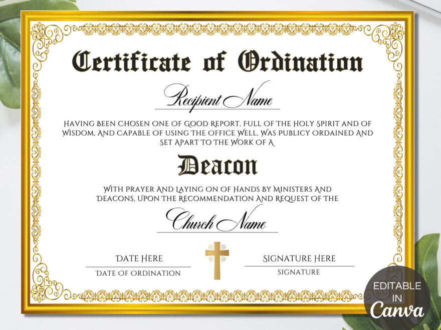 Deacon Ordination Certificate Template Printable Certificate Of Ordination Editable Ministry Certificate Ordained Minister TDS 10 Etsy