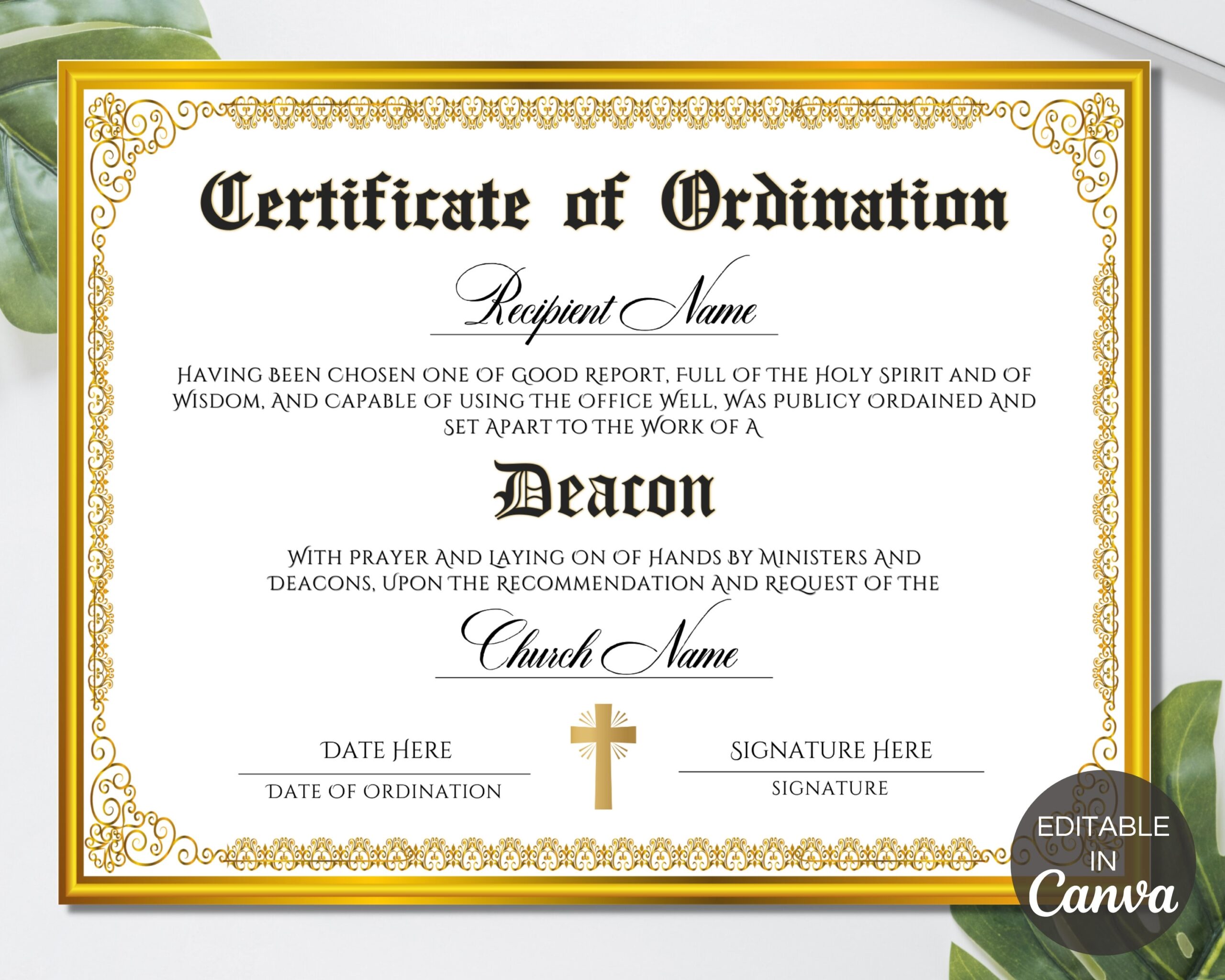 Deacon Ordination Certificate Template Printable Certificate Of Ordination Editable Ministry Certificate Ordained Minister TDS 10 Etsy