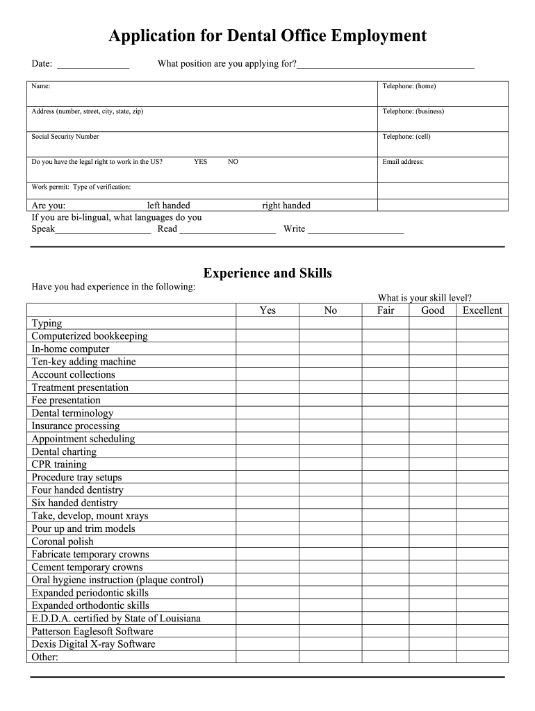 Dental Employment Application Fill Online Printable Fillable Blank PdfFiller