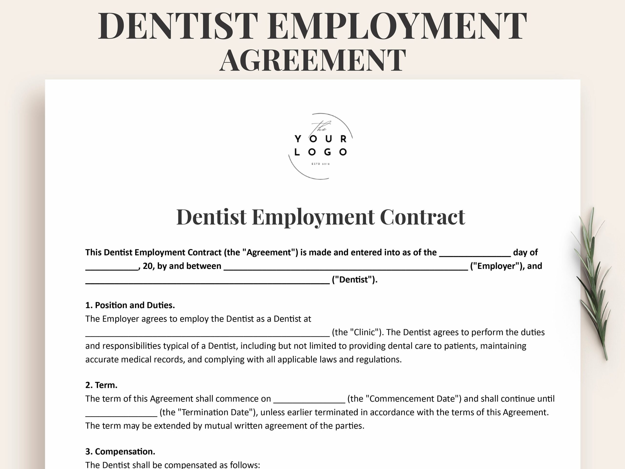Dentist Employment Contract Dental Practice Agreement Printable Dentist Job Contract Editable Dental Employment Form PDF WORD Etsy