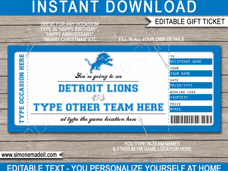 Detroit Lions Game Ticket Gift Voucher Printable Surprise Football Tickets