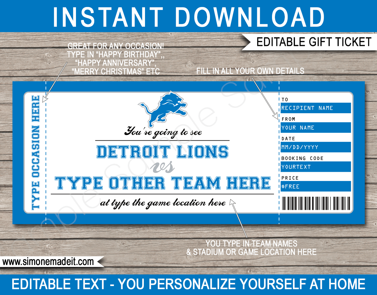 Detroit Lions Game Ticket Gift Voucher Printable Surprise Football Tickets