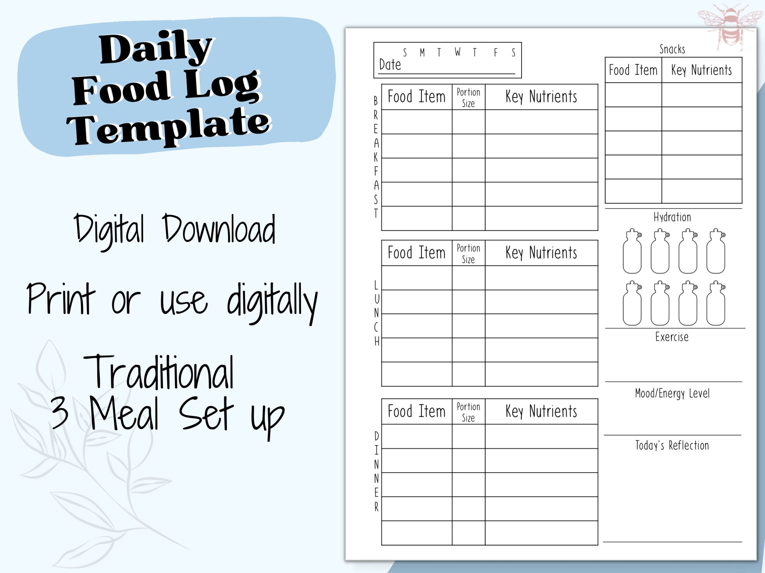 Digital Daily Food Log Template Instant Download 3 meal Nutrition Tracker Printable Diet Tracker Minimalist Daily Food Log Letter Size Etsy