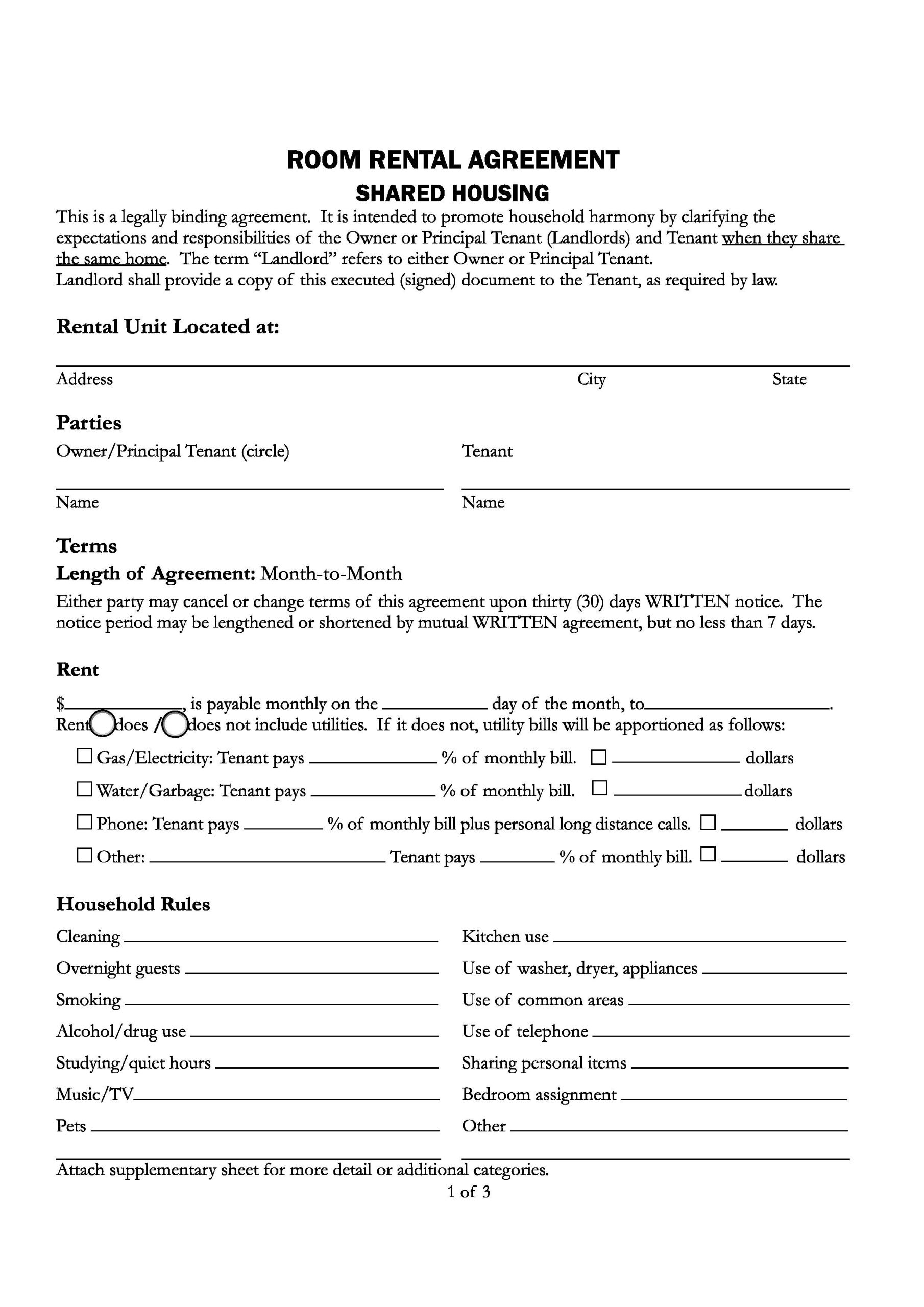 Printable Room Lease Agreement