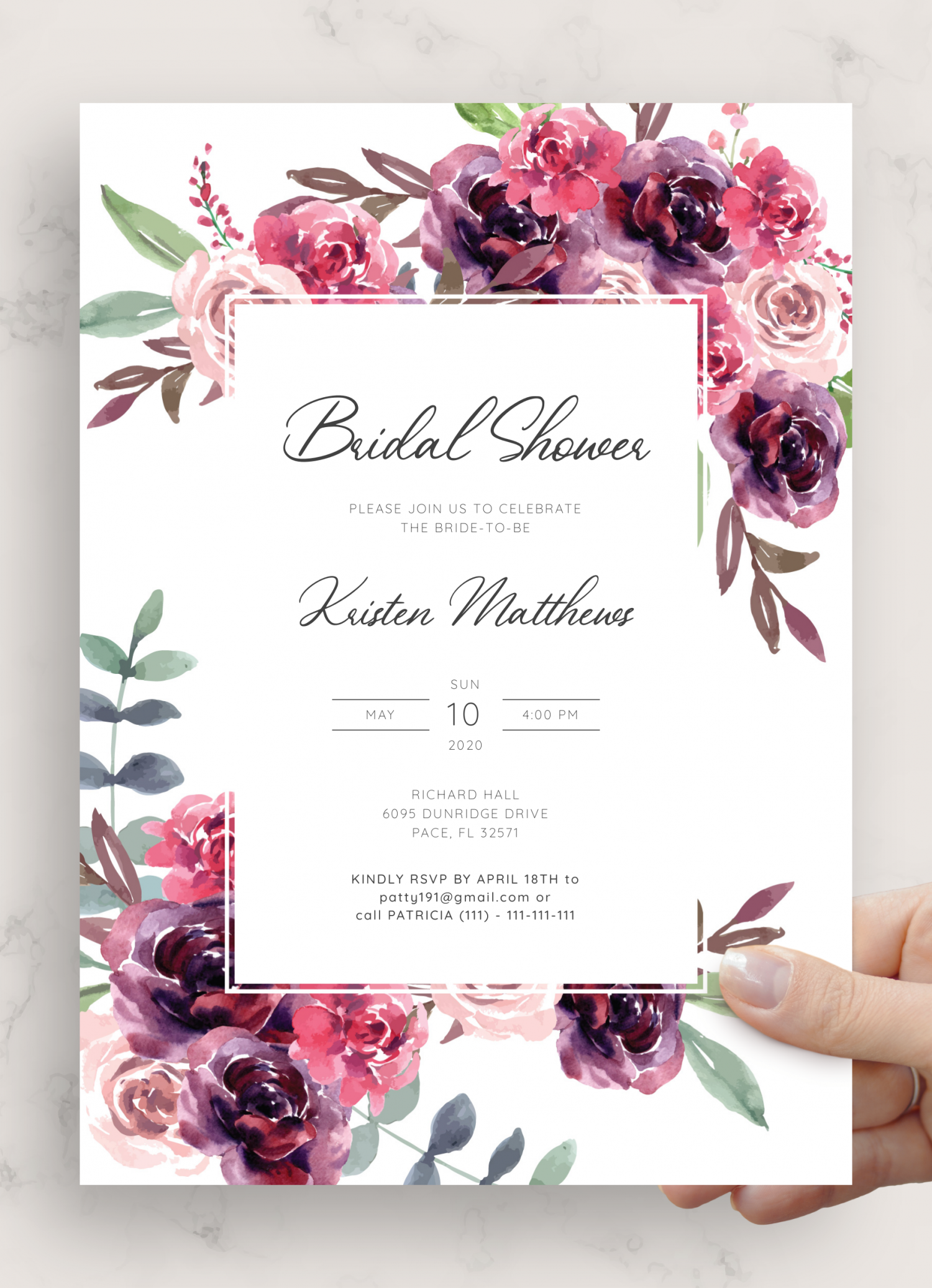 Download Printable Burgundy Floral Bridal Shower Invitation PDF