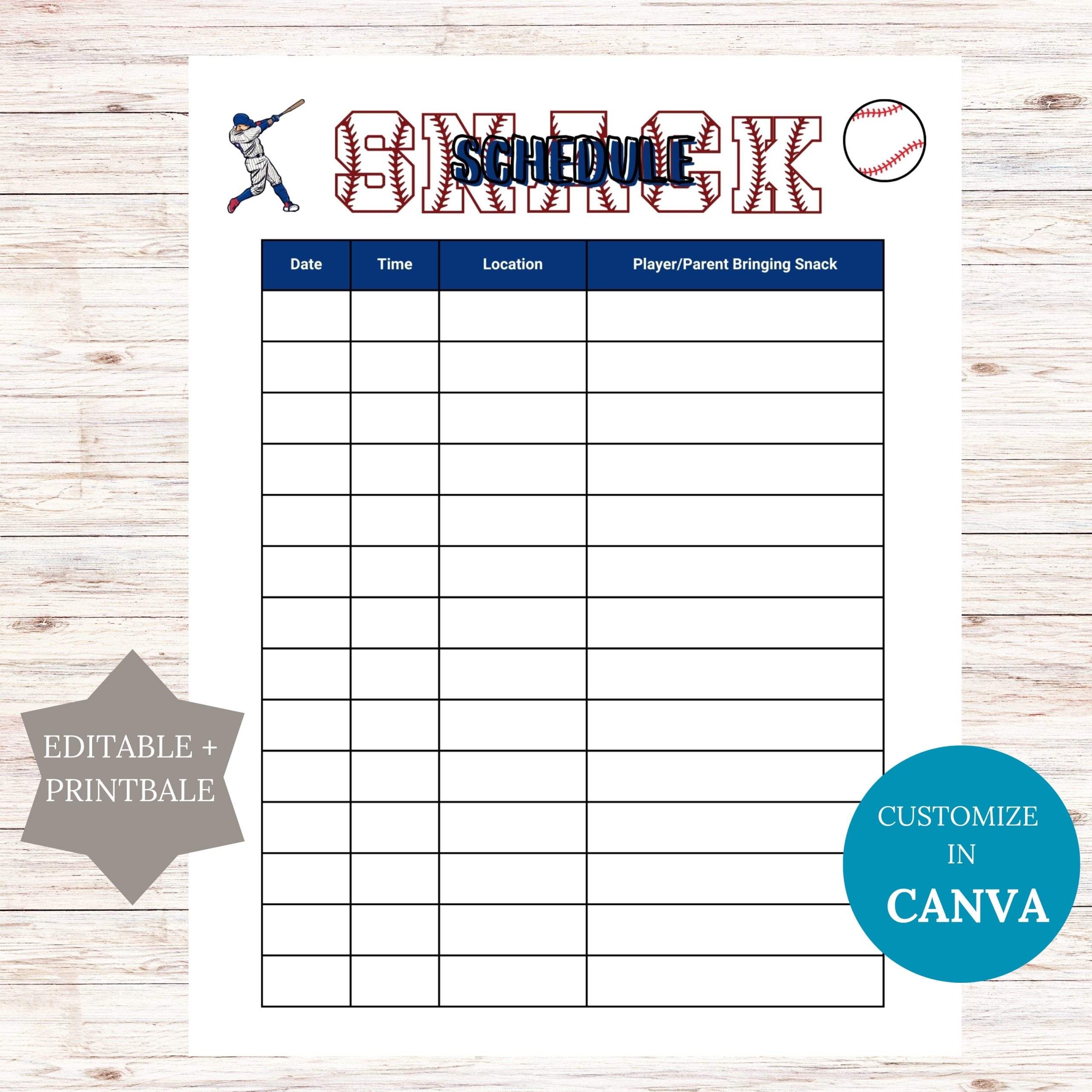 Editable Baseball Snack Sign Up Sheet Printable Instant Download 