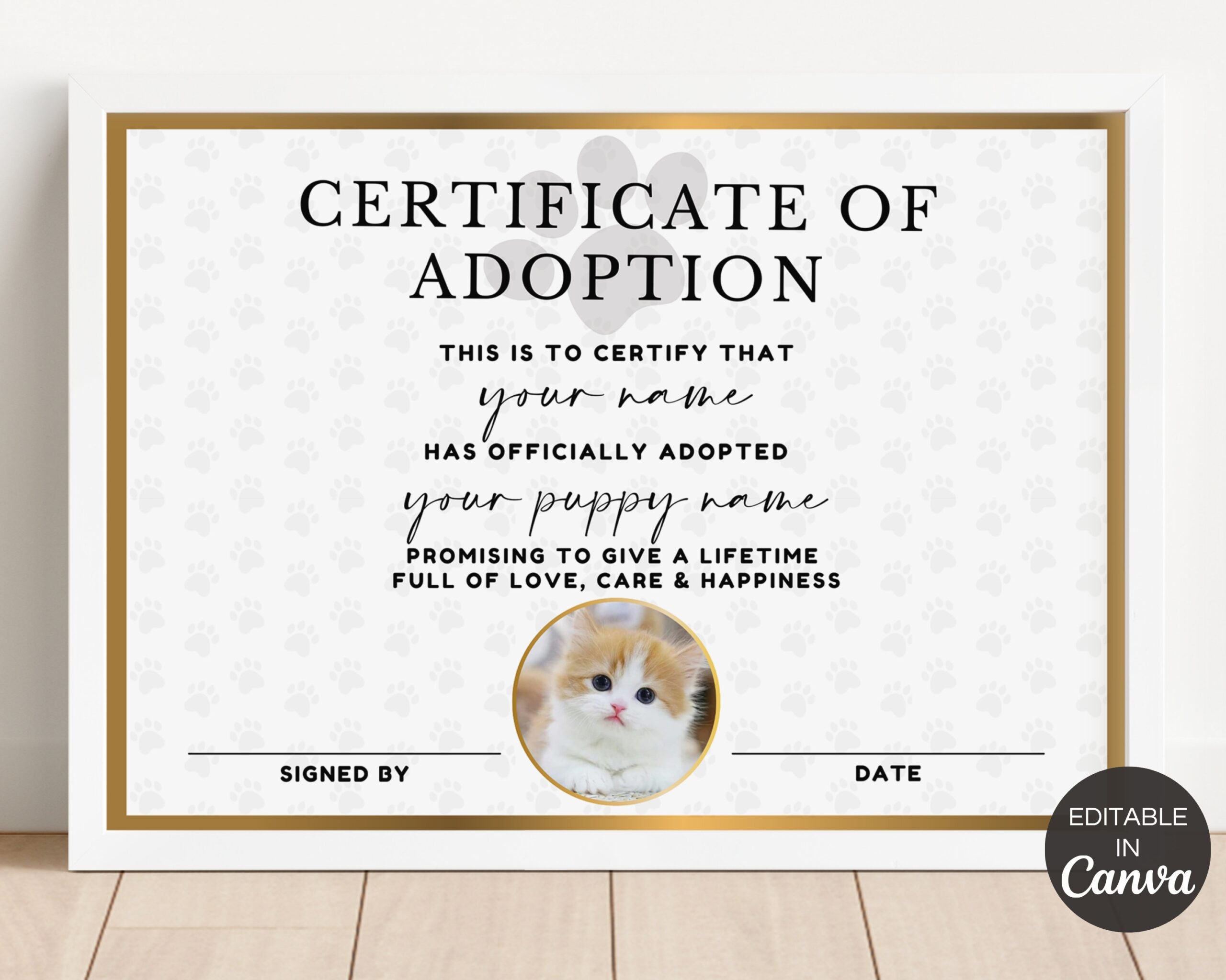 Editable Cat Dog Pet Adoption Certificate Printable Pet Adoption Party Certificate Certificate Of Adoption Animal Canva Template TDS 09 Etsy