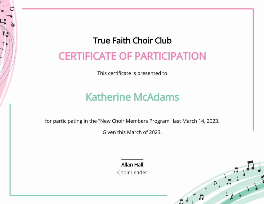Editable Choir Certificate Of Participation Template In Word Publisher Google Docs Pages Download Template
