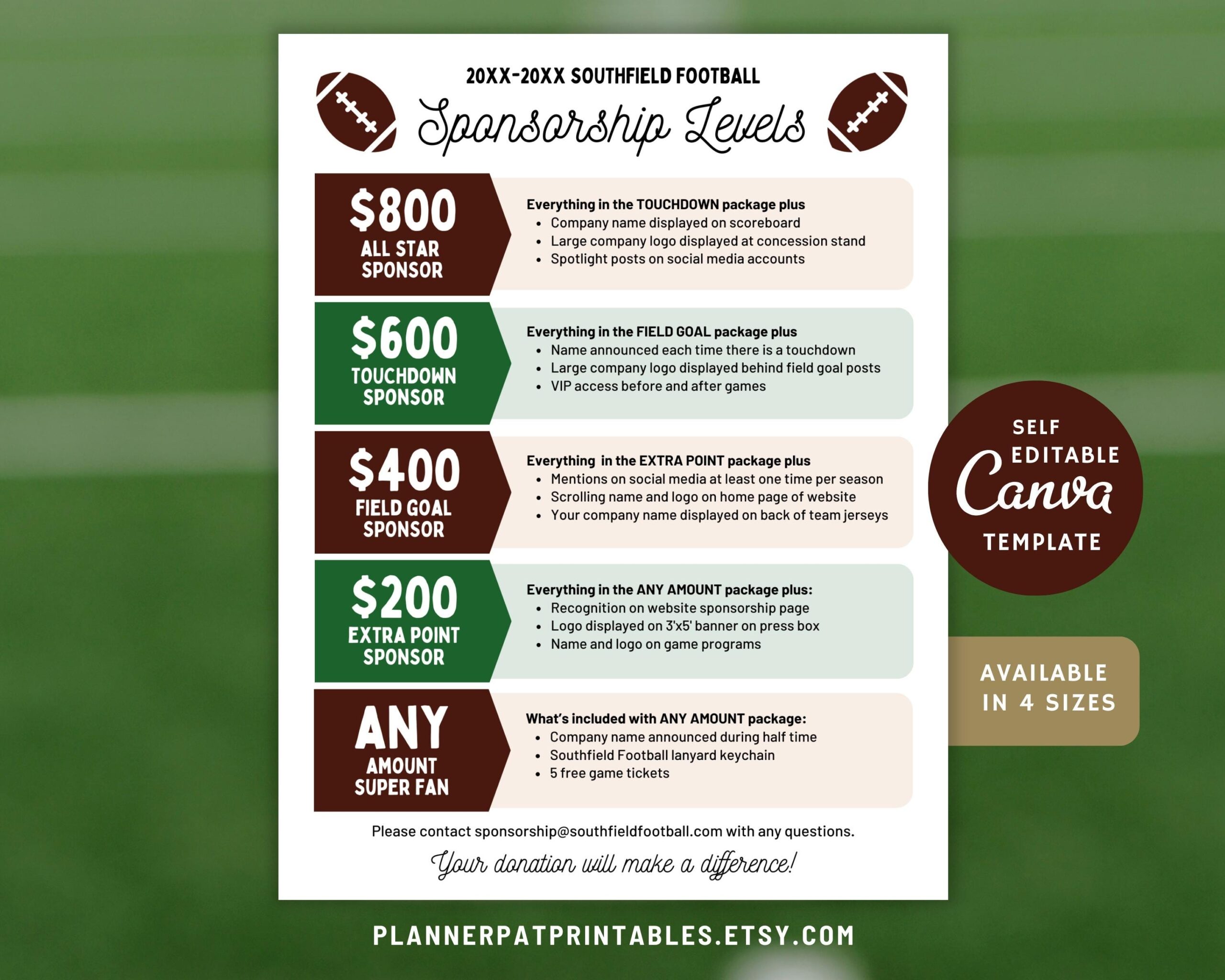 Editable Football Sponsorship Levels Template Football Team Sponsor Form Etsy