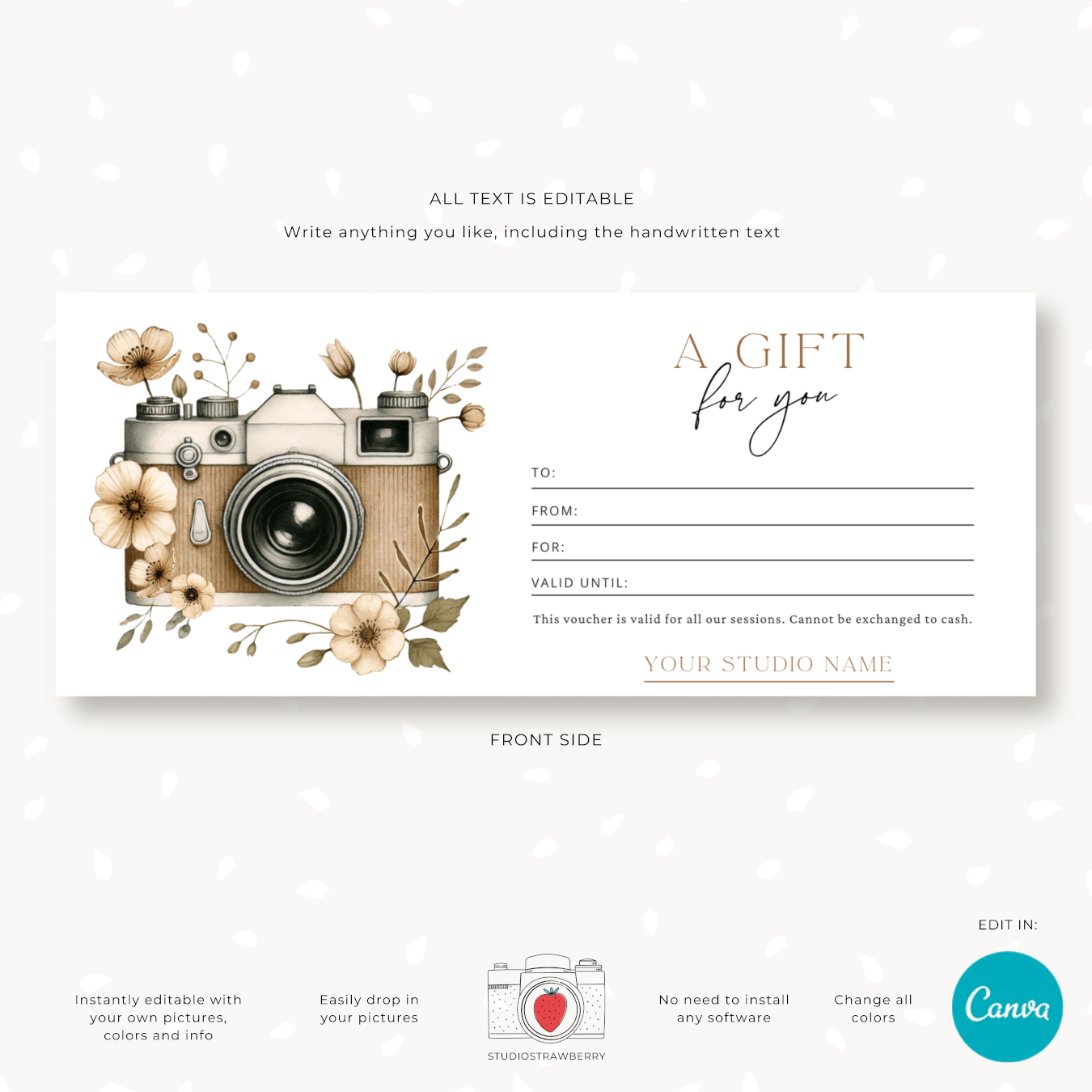 Editable Photography Gift Certificate Template With Watercolor Camera Strawberry Kit