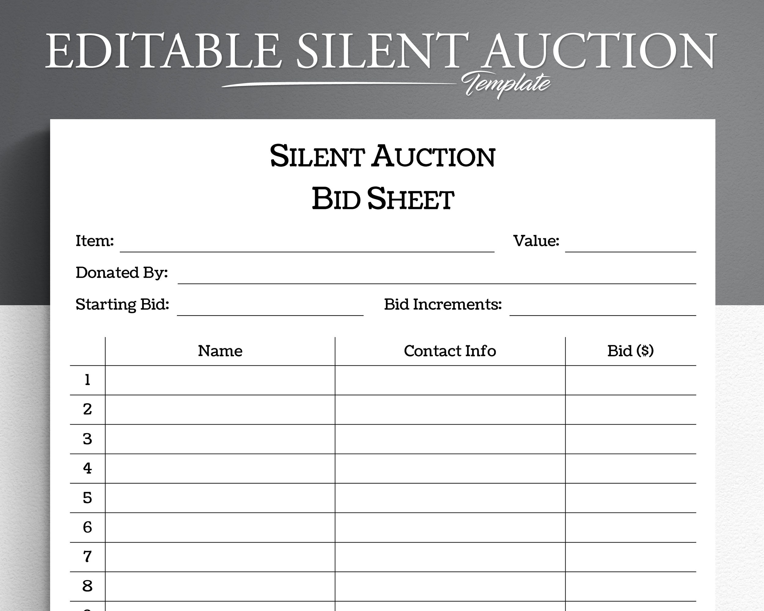 Editable Silent Auction Template Printable PDF Word Google Docs Silent Auction Sheet Etsy