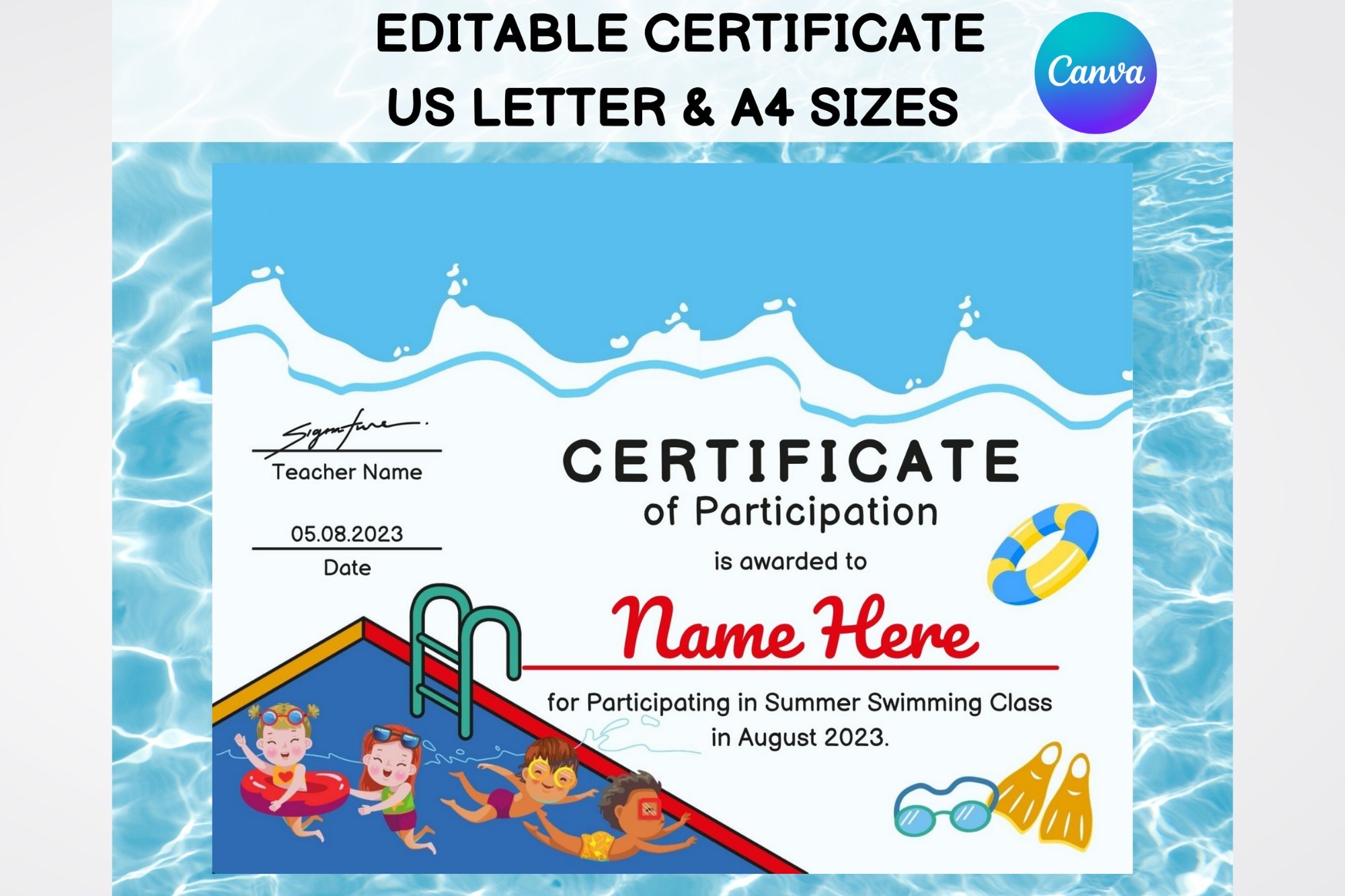 Editable Swimming Certificate Template Kids Sports Diploma Editable Swimming Certificate Template Kids Sports Diploma