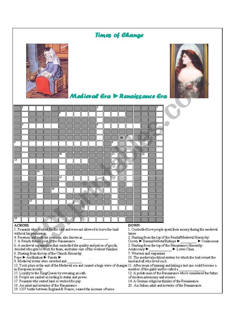 English Worksheets Medieval Times Crossword Puzzle